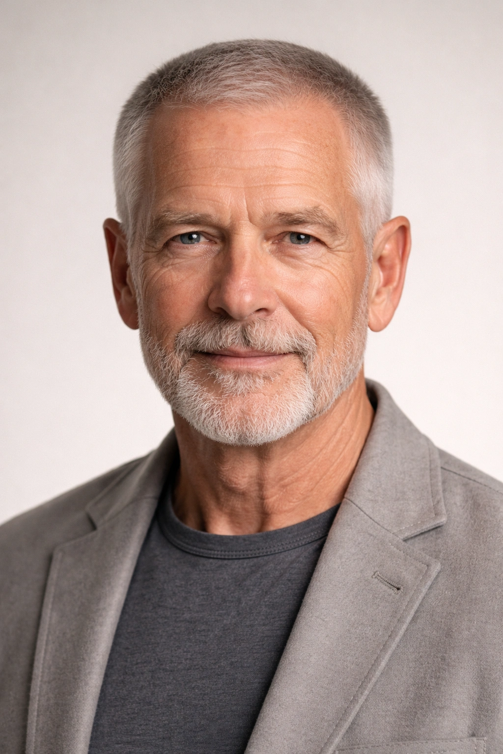 Front portrait of an older man with uniformly short hair in a horseshoe style