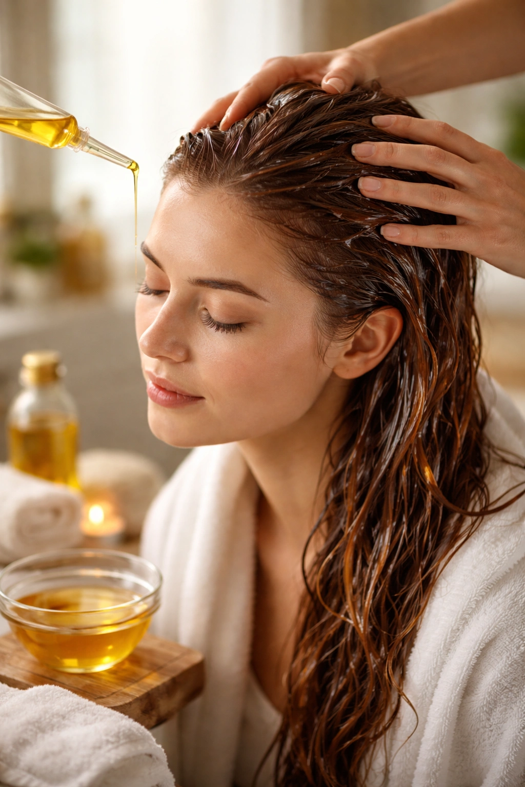Close-up of warm oil being applied through damp hair during a scalp massage