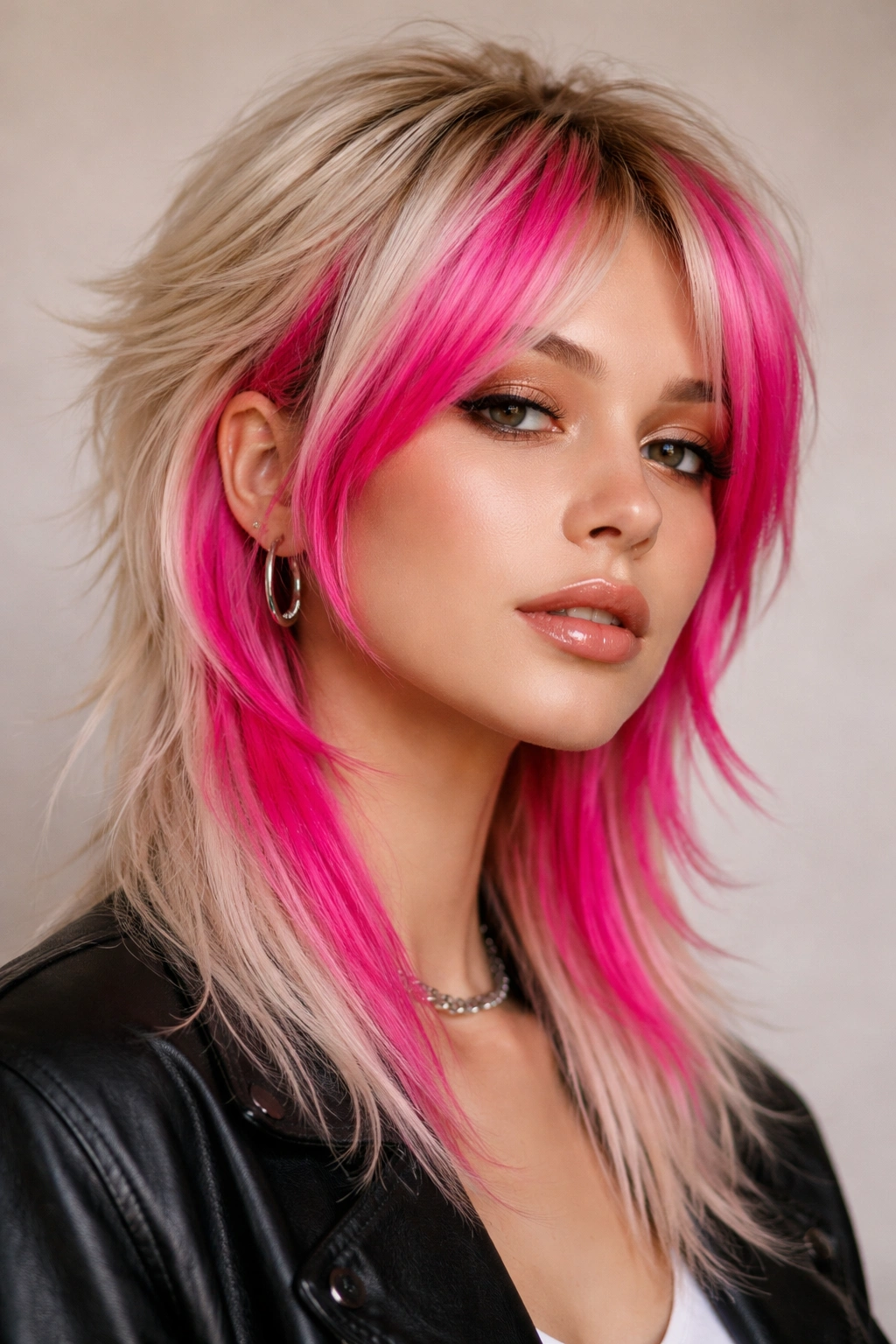 12 Colorful Mullet Haircuts To Inspire Your Next Cut 7 Close-up of hot pink money pieces on a blonde mullet with face-framing color