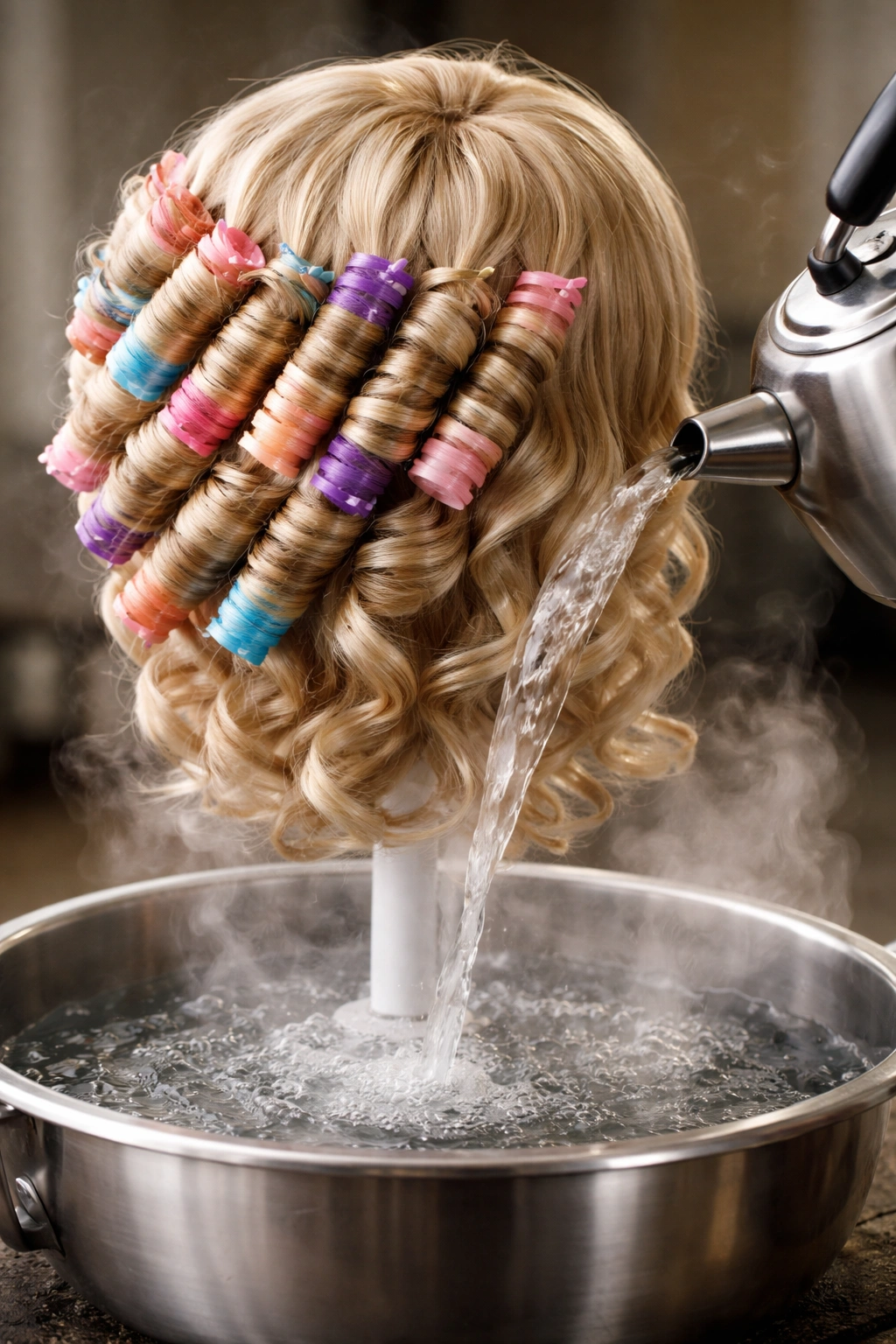 Wig with perm rods over a basin of steaming water for hot-water curling