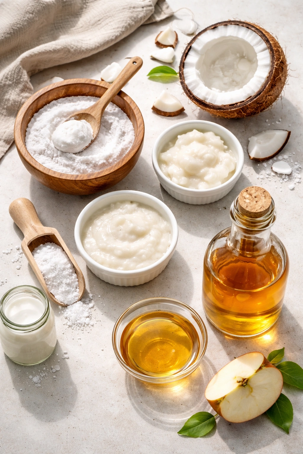 Flat lay of household glue-removal remedies: baking soda paste with coconut oil, and vinegar on a kitchen counter