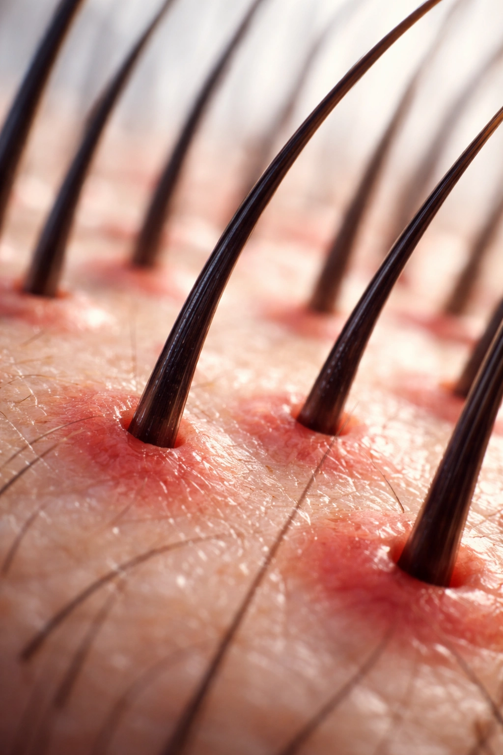 Scalp hair follicle with subtle skin redness indicating potential HRT side effects