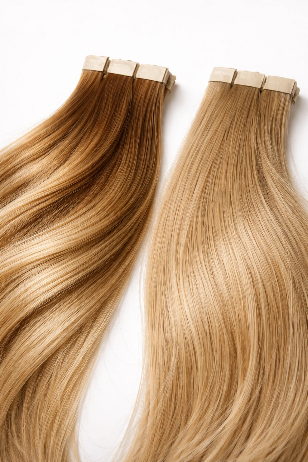 Close-up comparison of human hair and synthetic extensions showing differences in texture and shine
