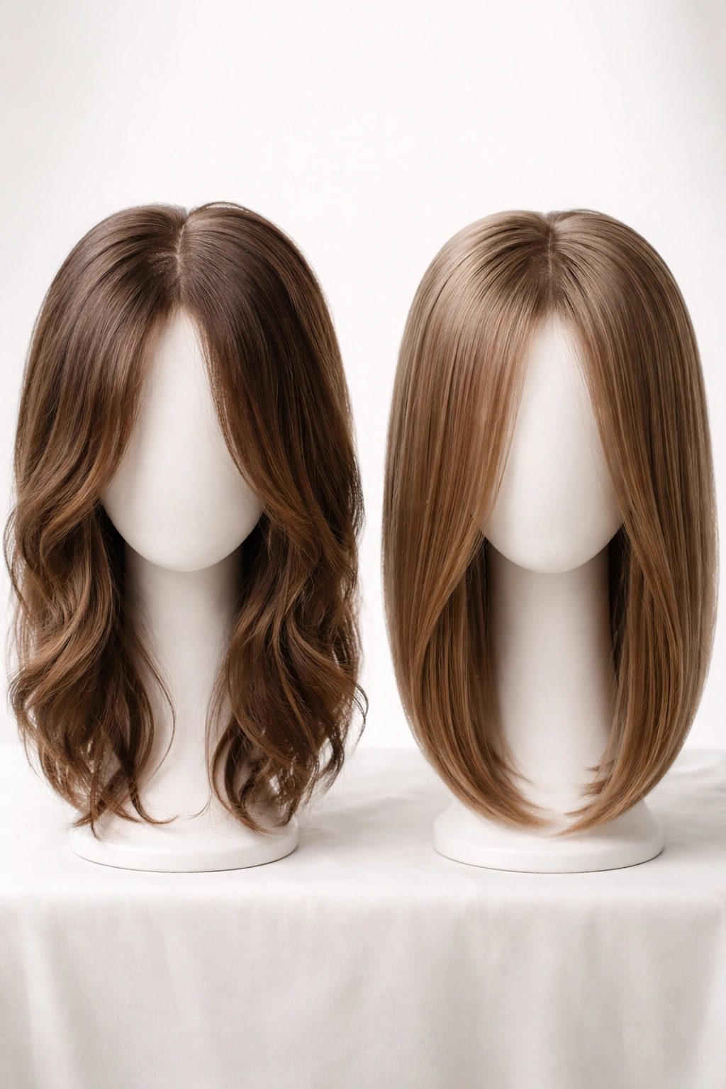 Two toppers side by side showing human hair and synthetic textures