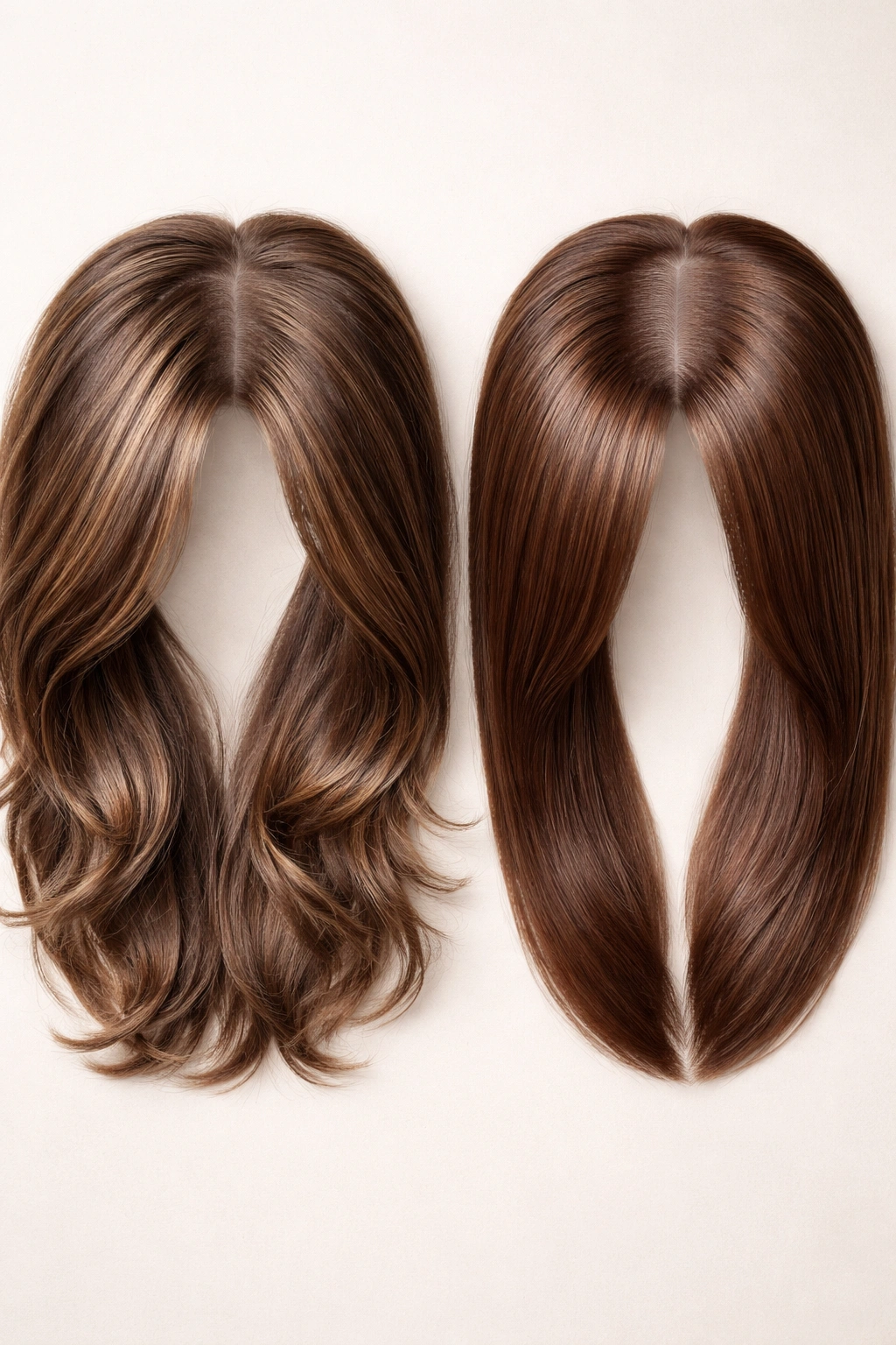 Close-up comparison of human hair and synthetic hair toppers