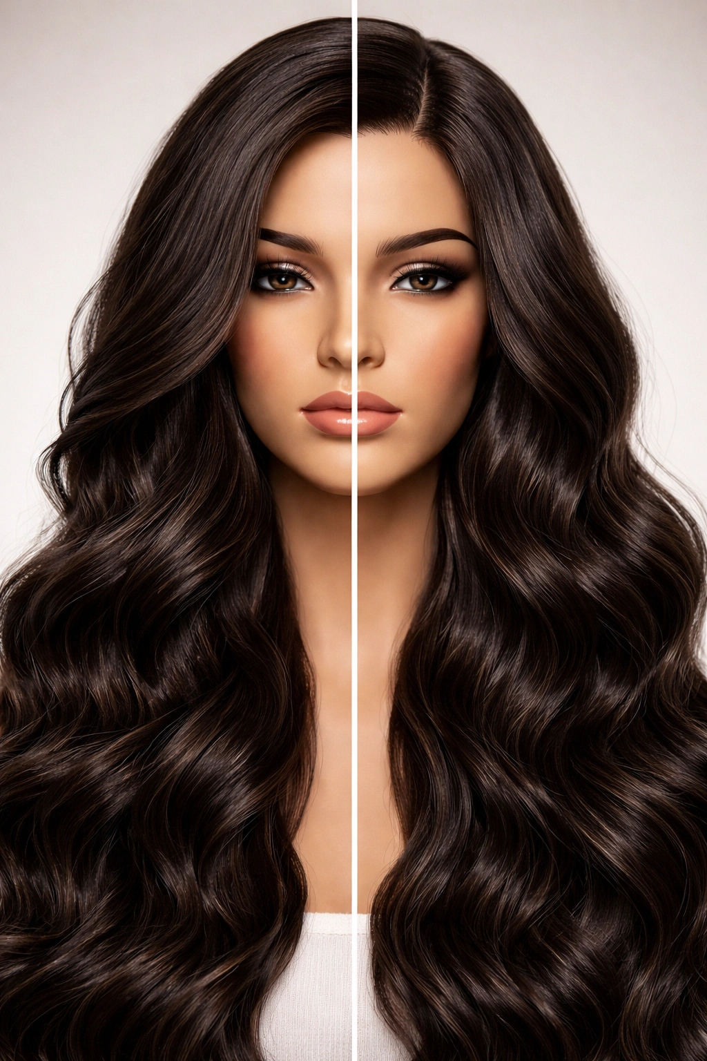 Split-face portrait showing human hair weave vs synthetic weave.