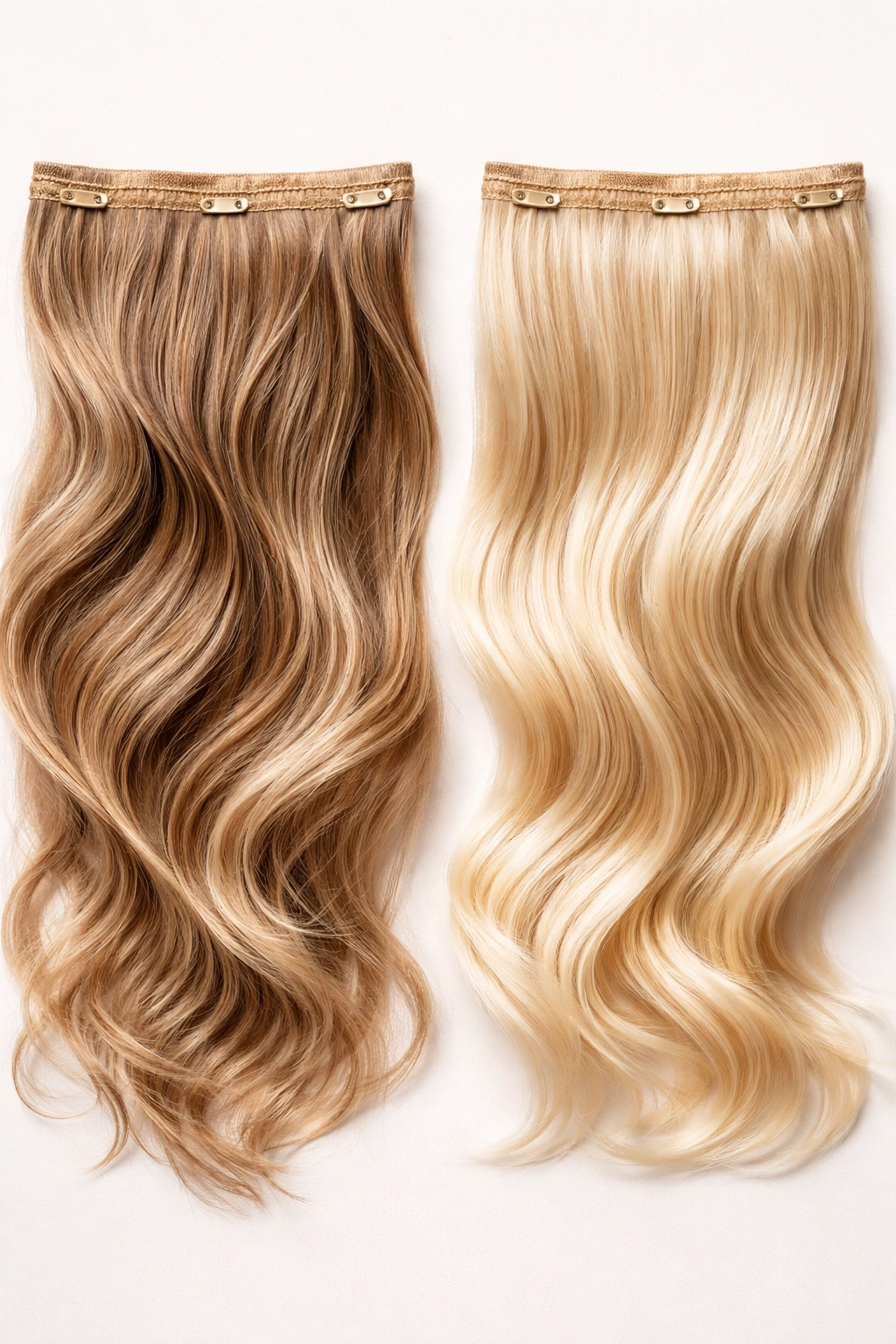 Side-by-side comparison of human hair and synthetic wefts showing texture and shine differences