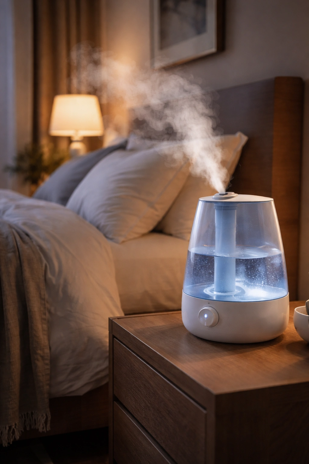 Cool-mist humidifier emitting mist in a calm bedroom