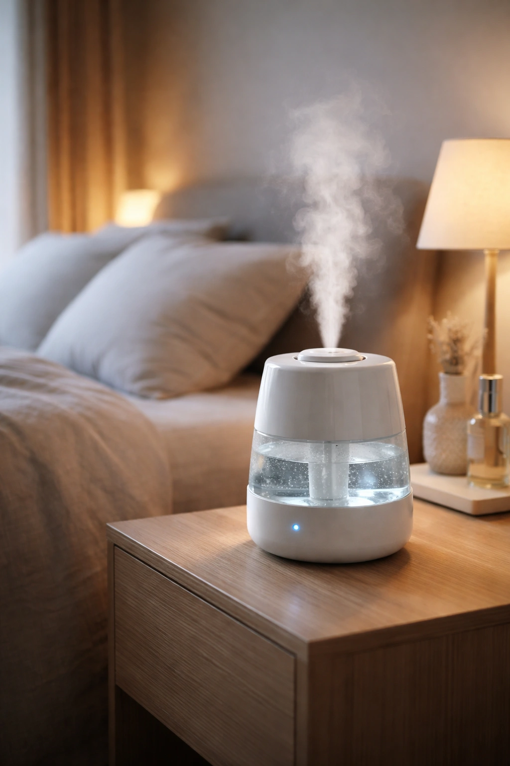 Humidifier emitting mist on a nightstand in a softly lit bedroom