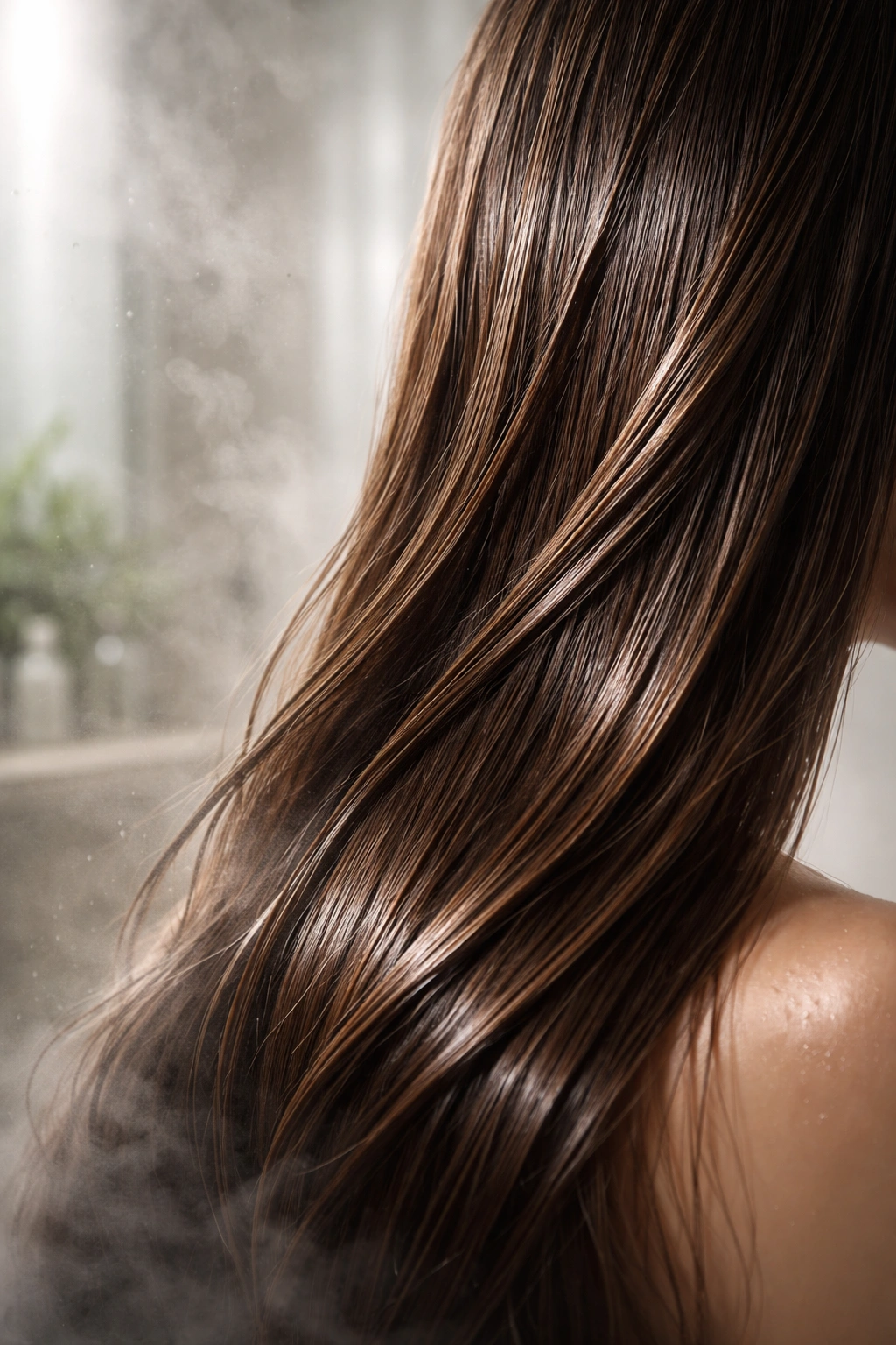 Close-up of smooth, frizz-free hair with a misty humid atmosphere