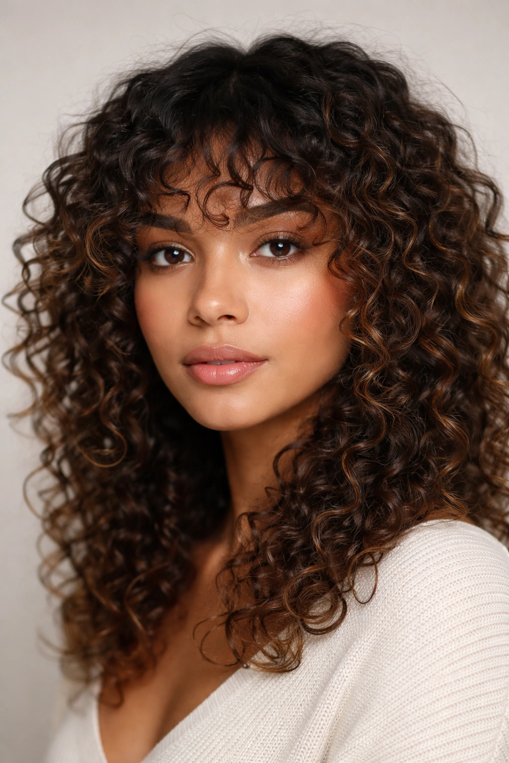 Customized hybrid bangs blending multiple textures on curly hair.