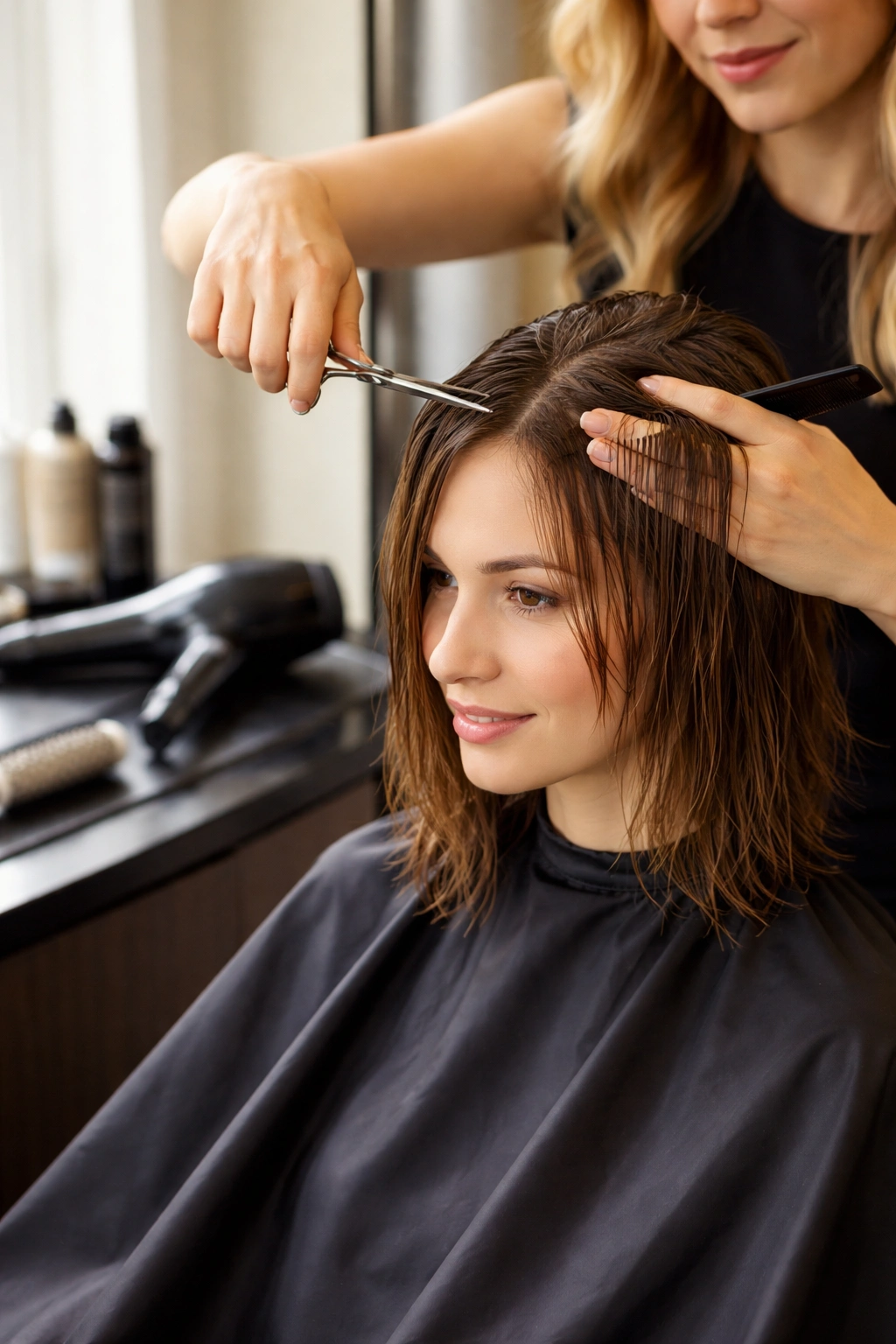 Hybrid haircut showing wet cut foundation and dry refinement