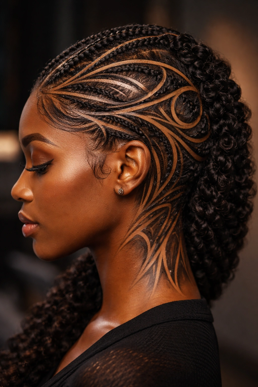 Head with a hybrid line design combining geometric shapes and curves