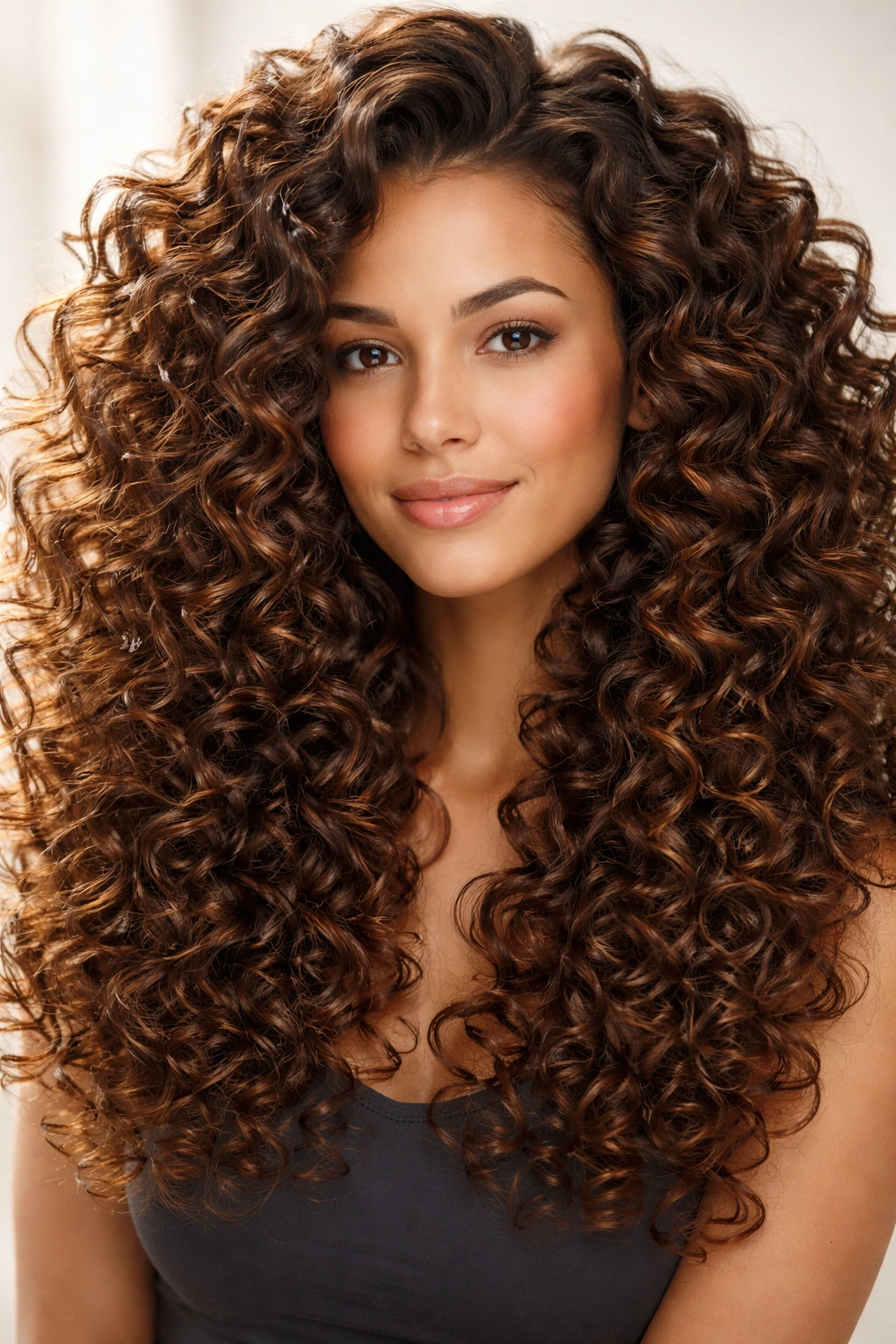 Voluminous curly hair with ringlets and shine