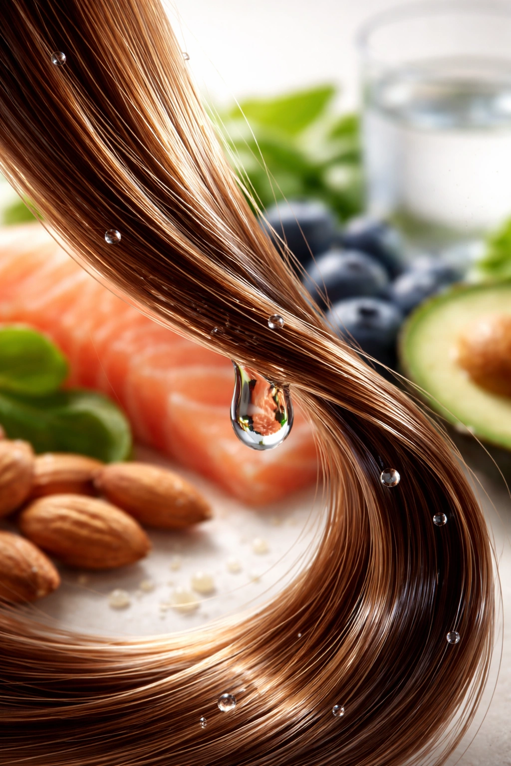 Glossy hair strand with water droplet illustrating hydration