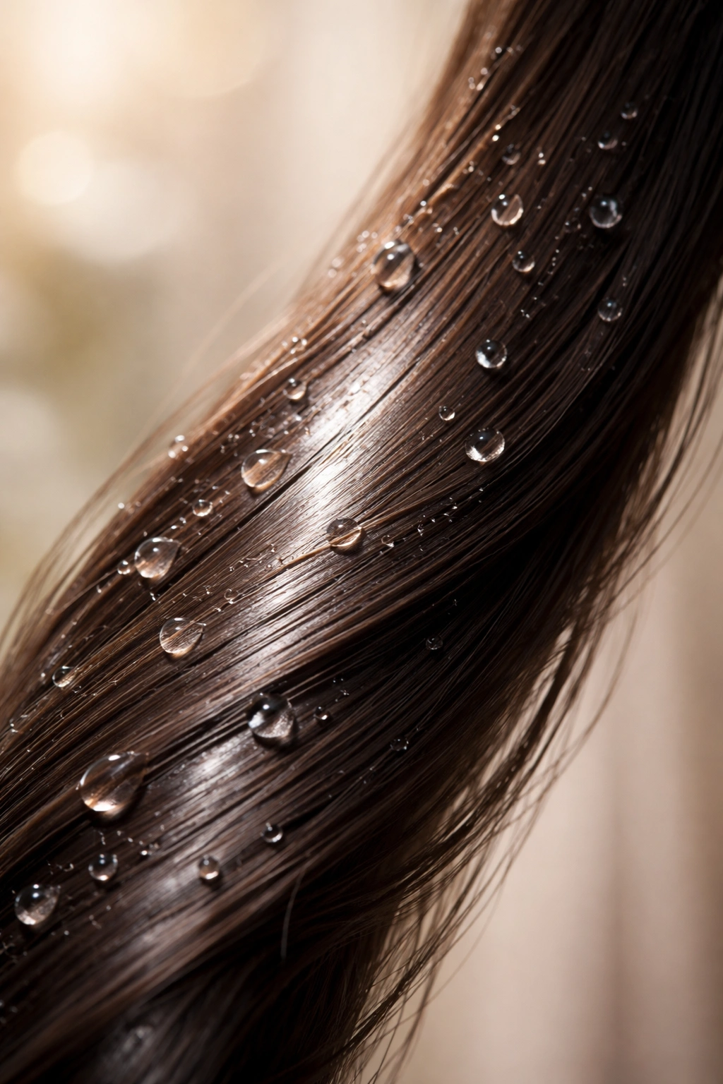 Hair strand with smooth hydrated surface and shine