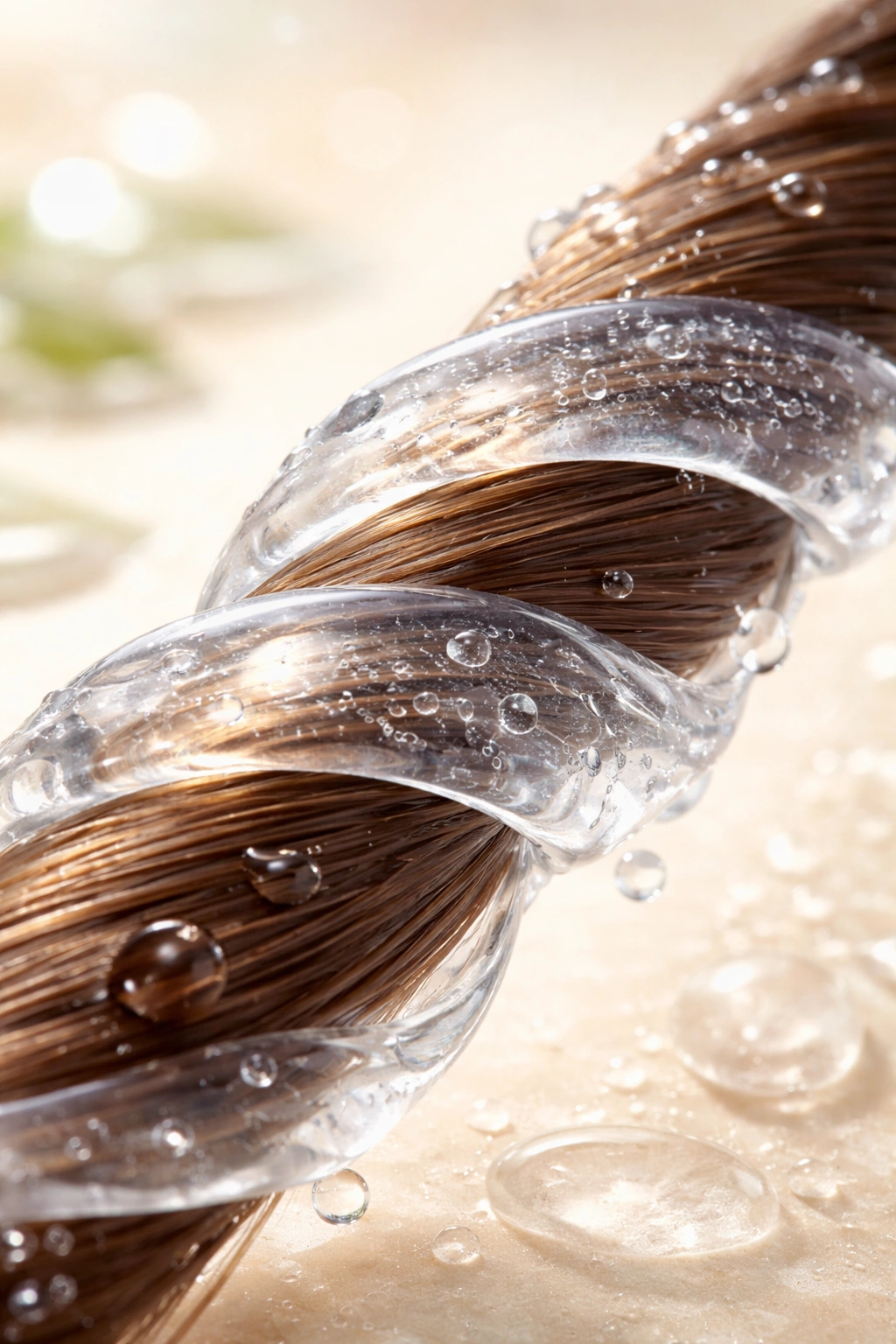 Hair strand with hydrating coating under soft lighting