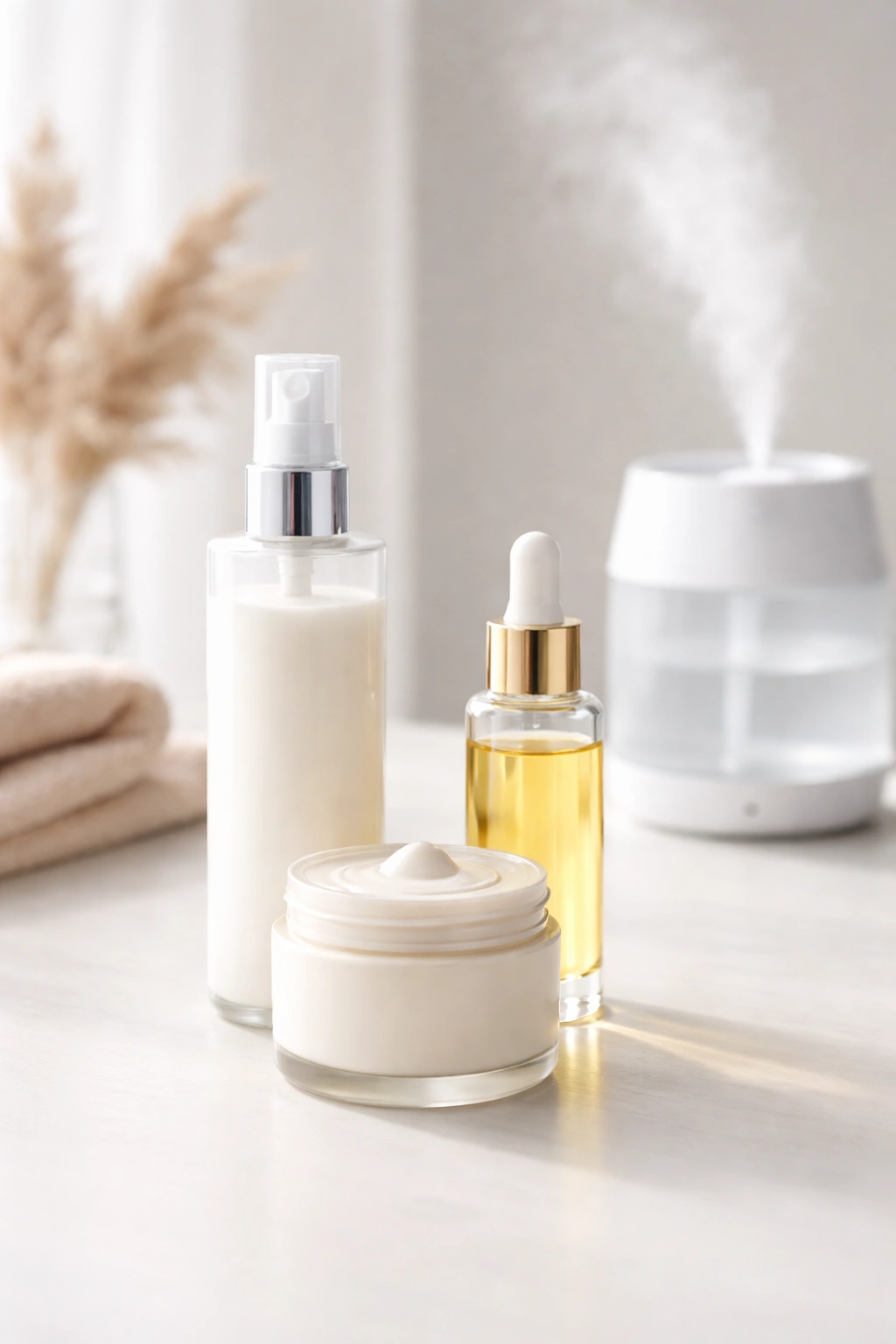 Minimalist setup of hydrating hair care products and a humidifier to suggest long-term moisture management against static