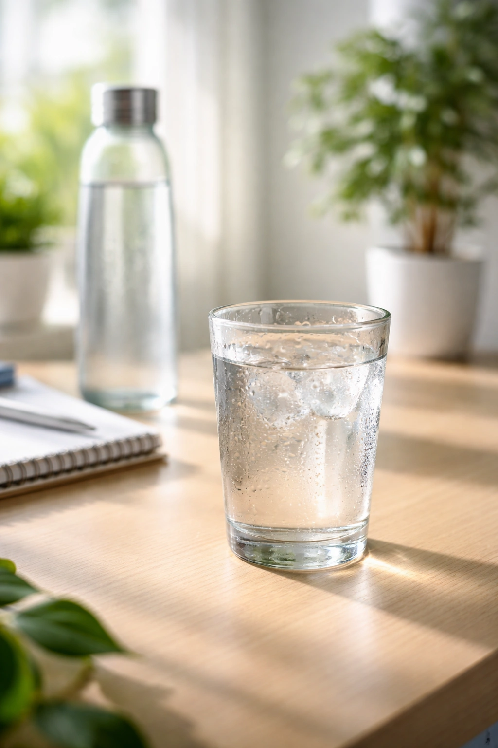 Clear glass of water on desk promoting hydration for hair health