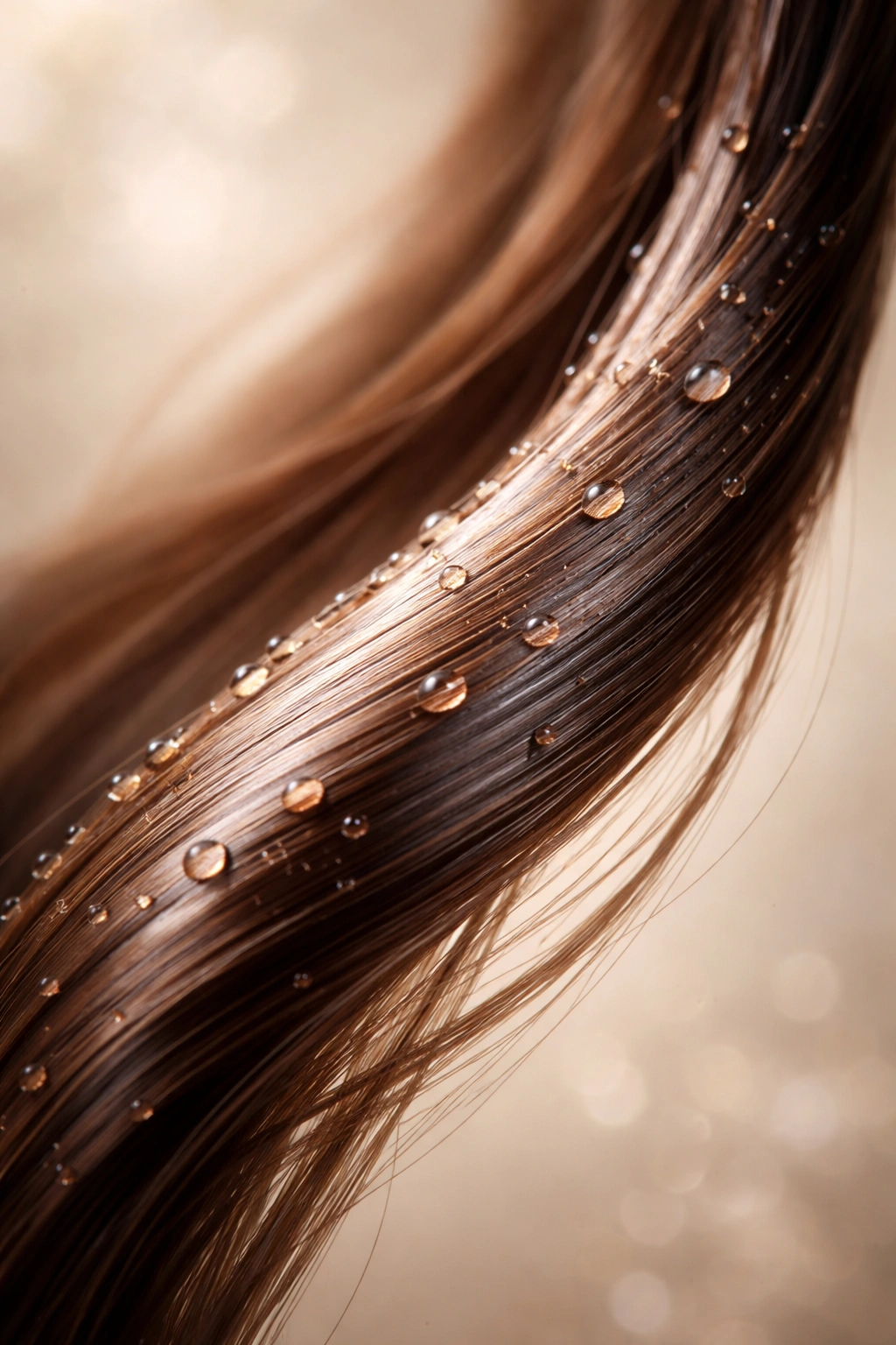 Close-up of a hydrated hair strand showing moisture and strength