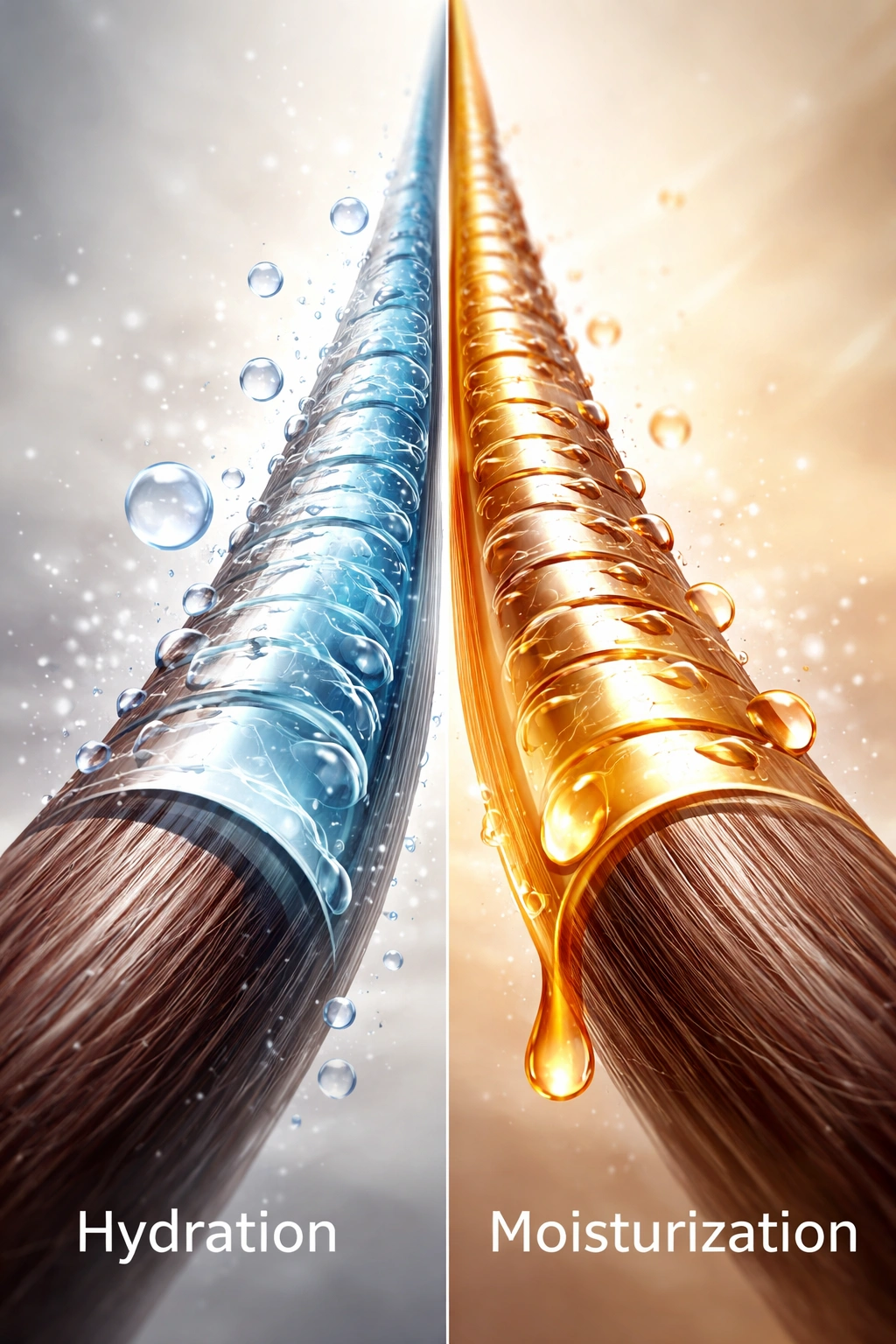 Close-up of a hair strand showing internal water vs oil coating to illustrate hydration vs moisturization