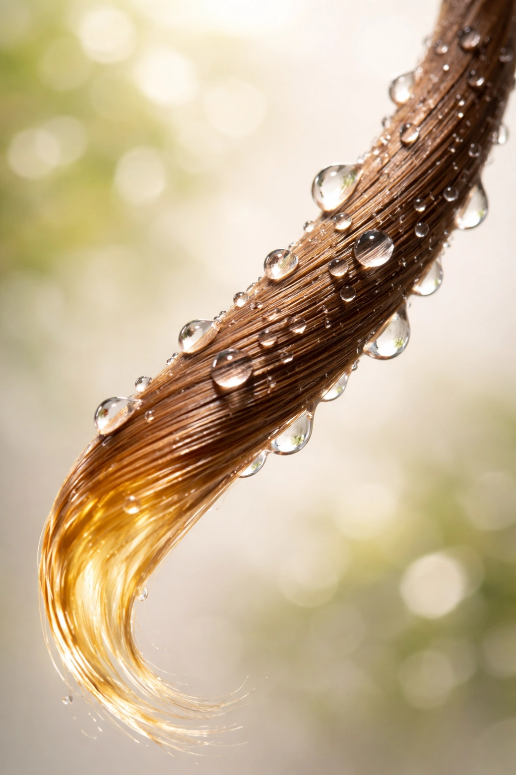 Moisturized hair strand with water droplets and oil sheen
