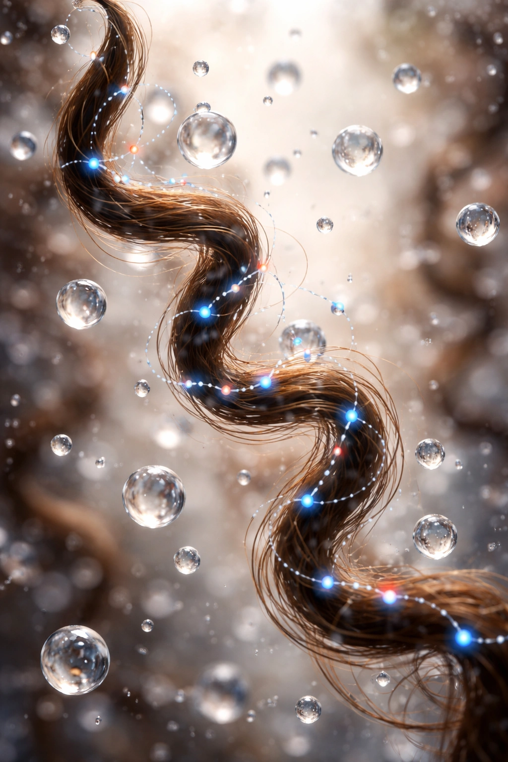Hair strand with water droplets illustrating hydrogen bonds and humidity
