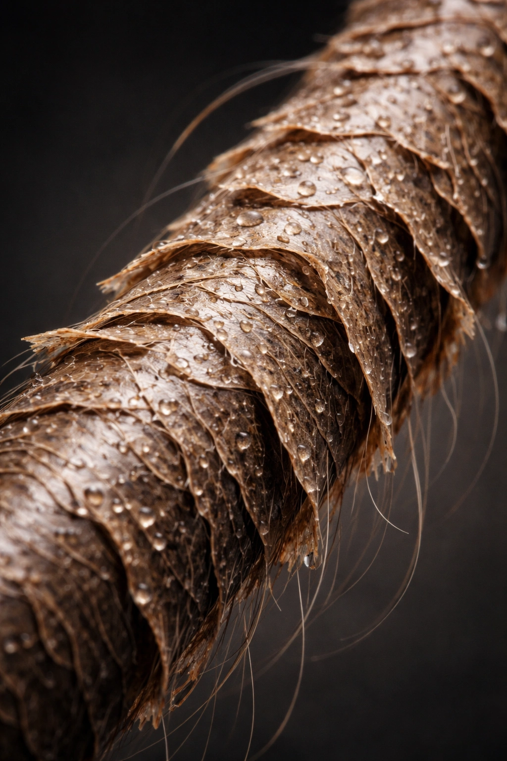 Close-up of raised hair cuticle scales indicating damage
