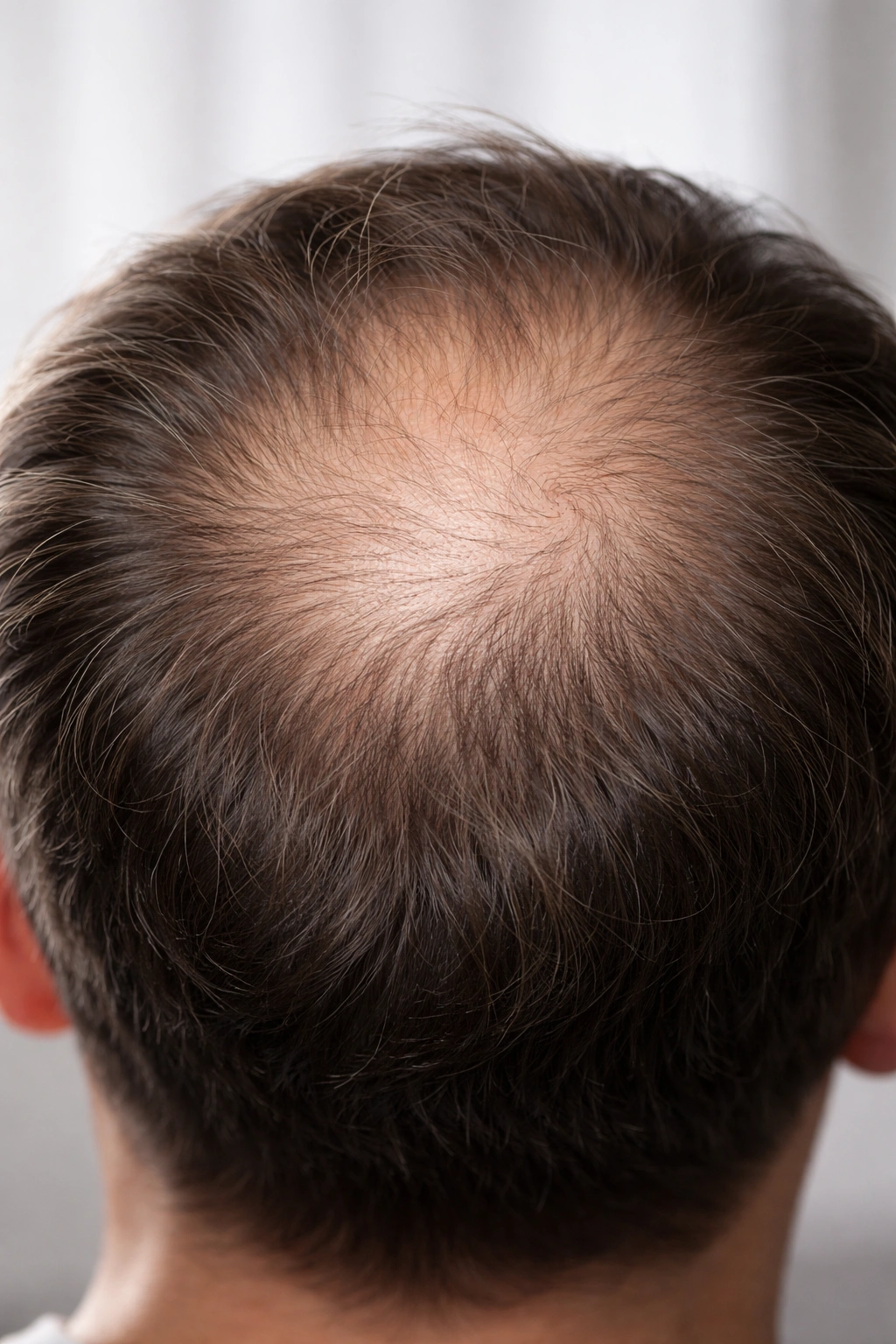 Crown area of scalp with thinning hair indicating hypertension-related pattern