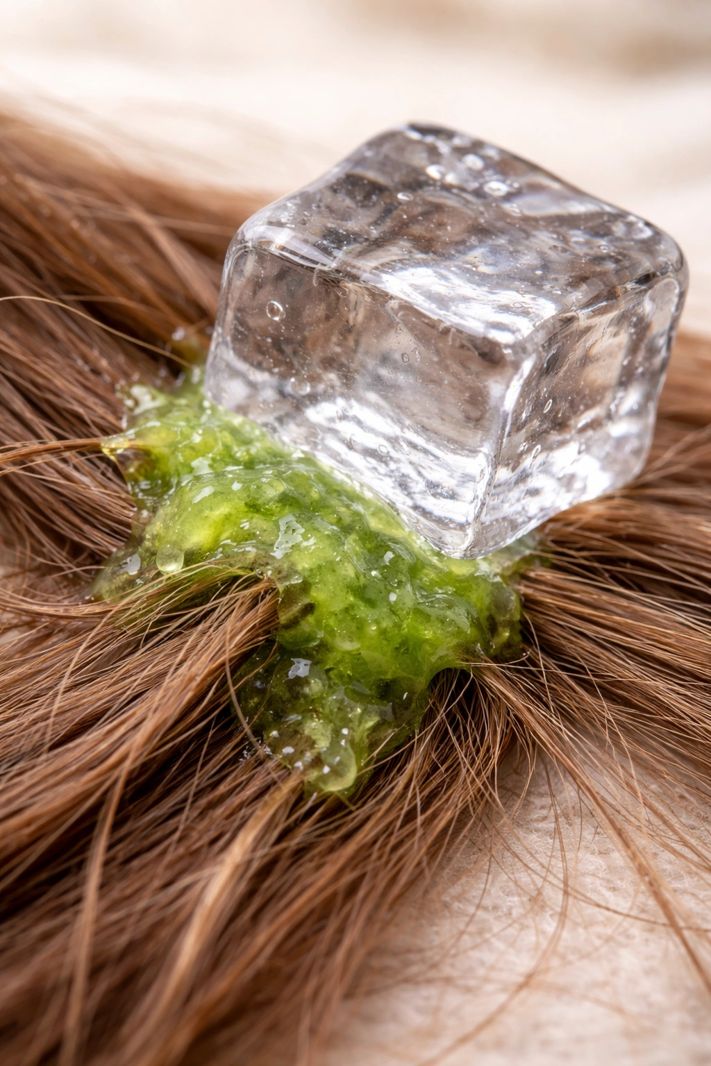 Close-up of an ice cube pressed to hardened slime on hair strand
