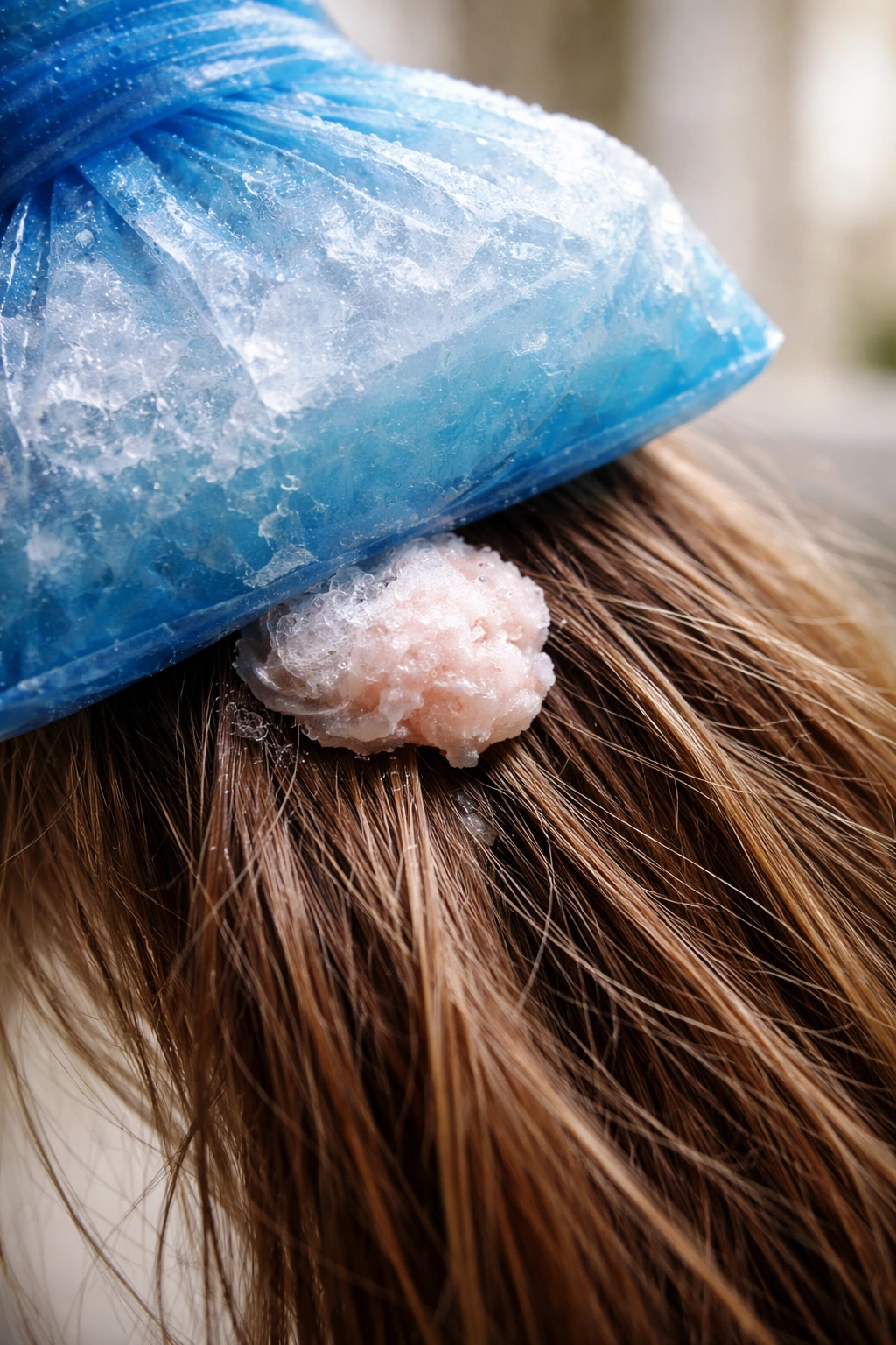 Hair with gum hardened by ice against it, frosty surface visible