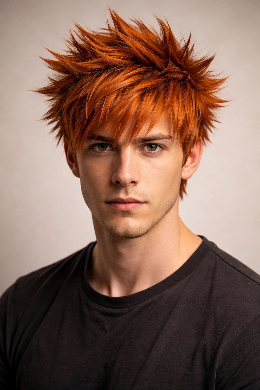 Portrait of The Ichigo Kurosaki Orange Spikes hairstyle with copper-orange spikes and texture