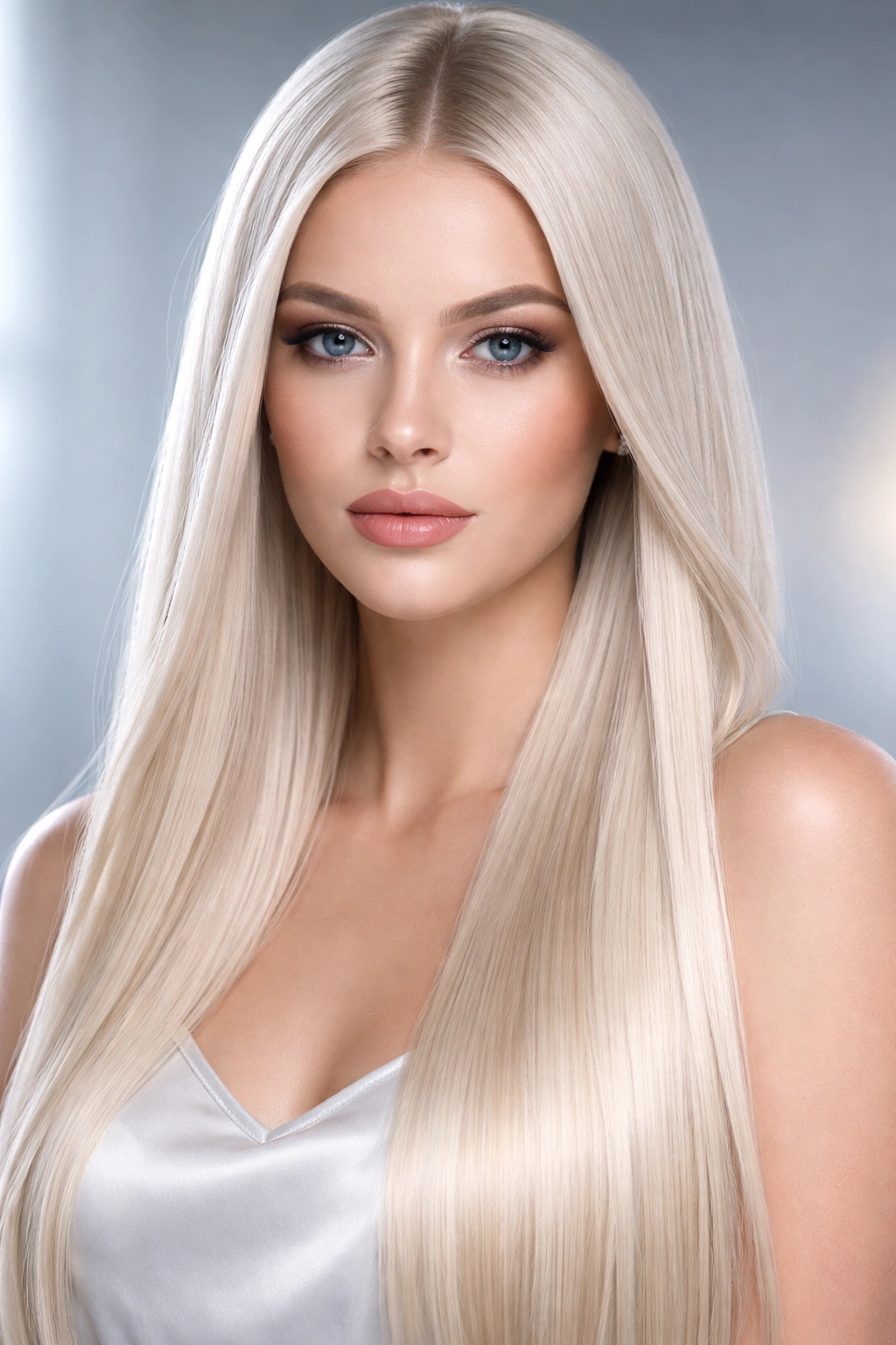 Icy blonde straight hair with cool undertones and glossy finish