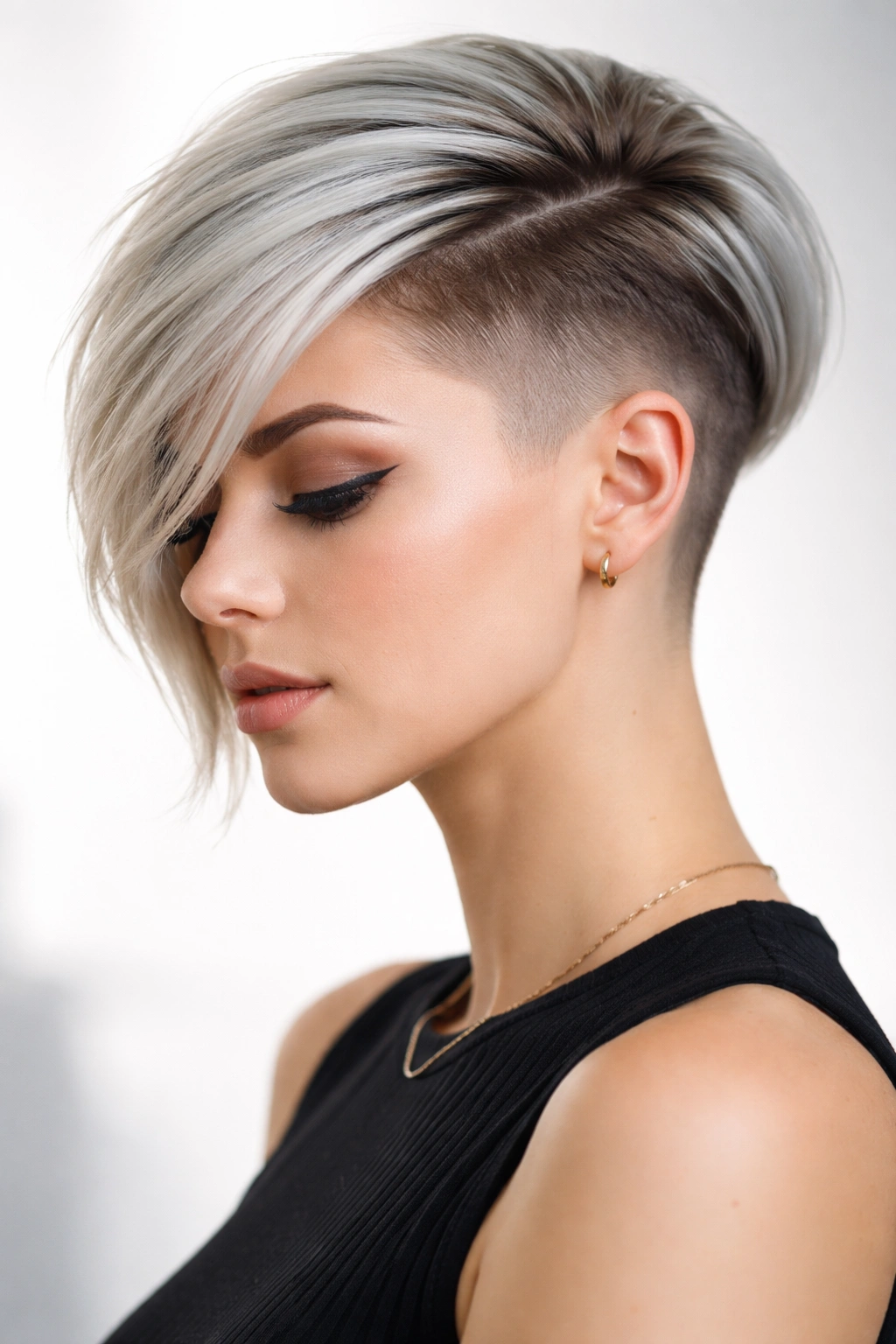 Portrait of a woman with an icy undercut bob featuring a long top and shaved sides