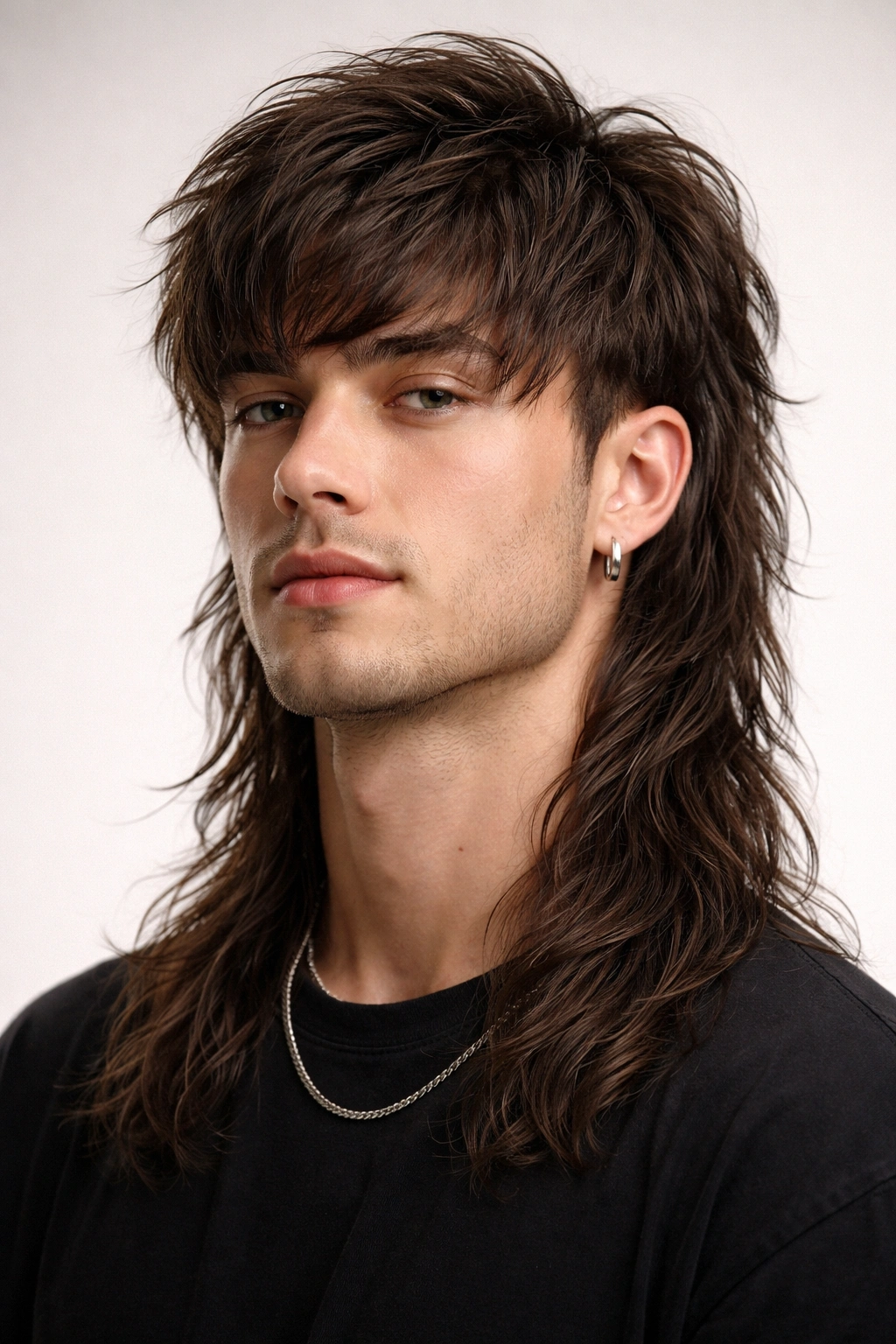 Full head view of a cohesive, heavily layered mullet with front-to-back texture