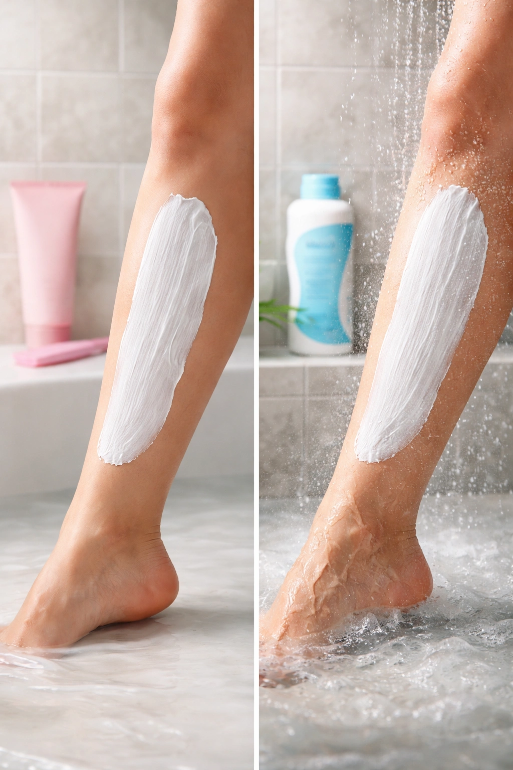 Leg with depilatory cream applied in a shower
