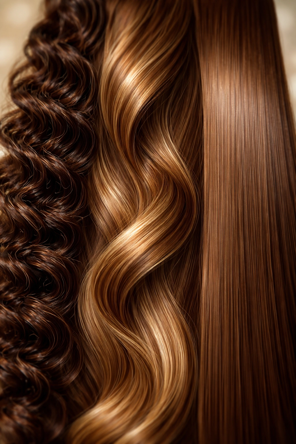 Three hair strands displaying curly, wavy, and straight textures