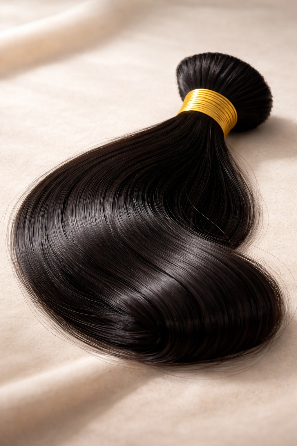 Close-up of a single thick hair bundle on a neutral surface