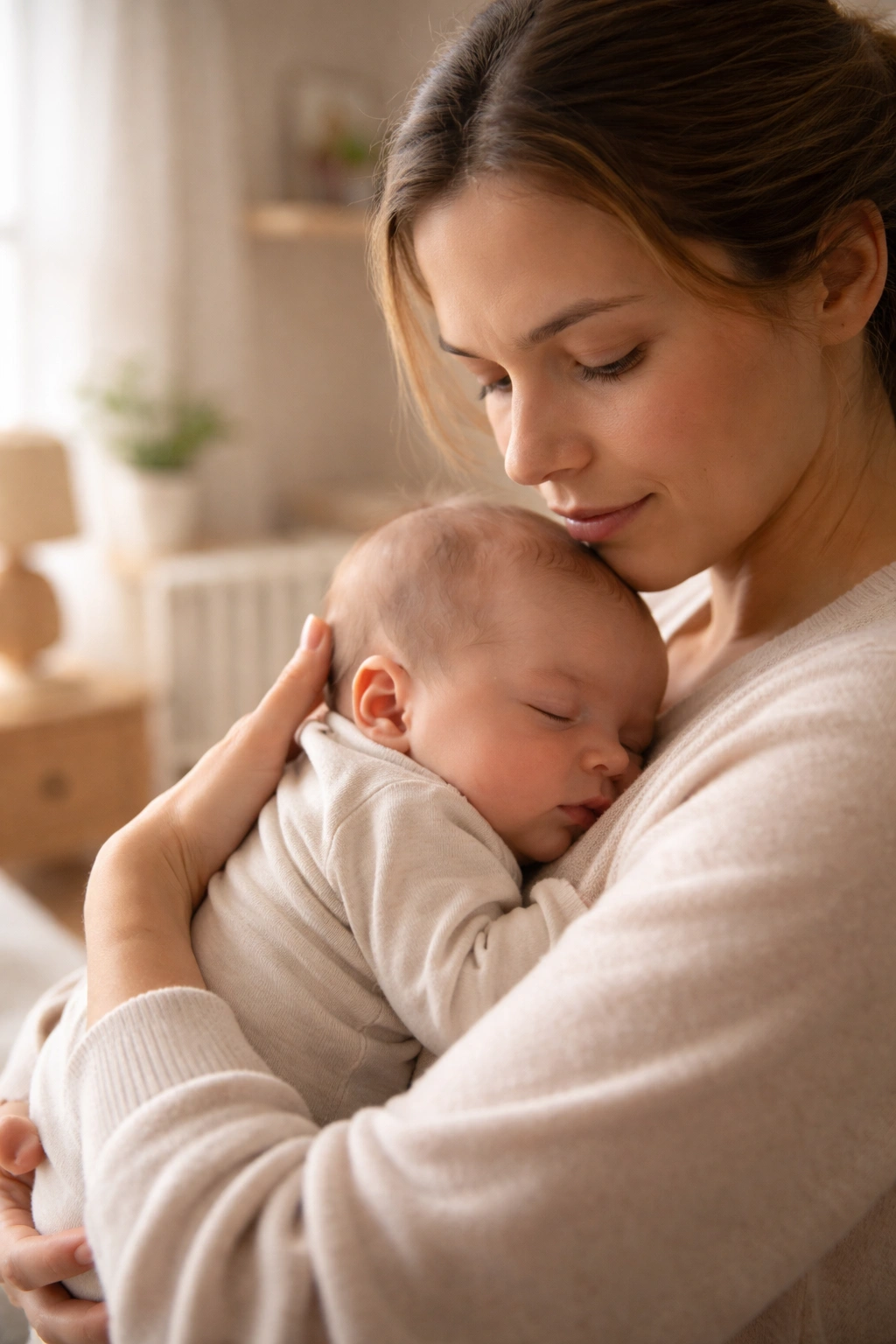 Calm adult holding sleeping newborn in softly lit nursery to reflect keeping perspective on hair loss