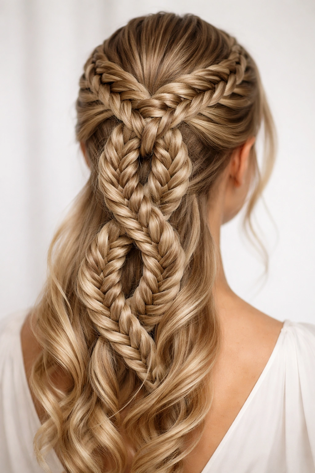Close-up view of an infinity braid forming a circular loop around the crown