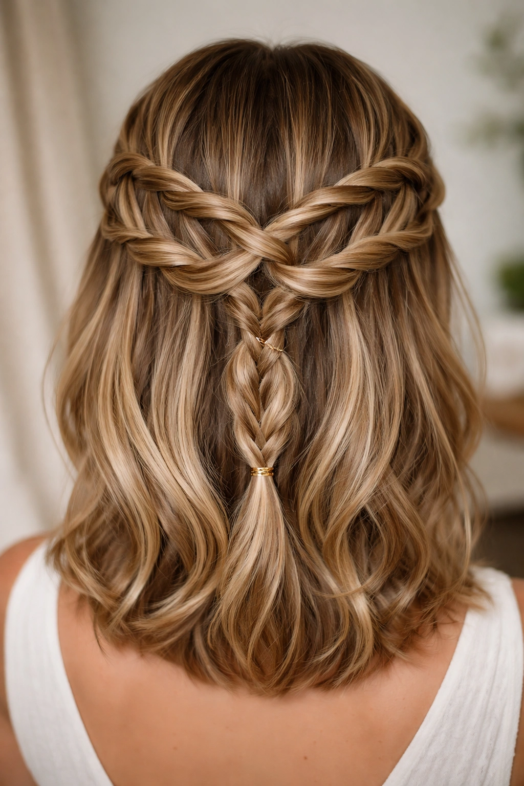 Top-down view of an infinity braid forming a figure-eight on the crown