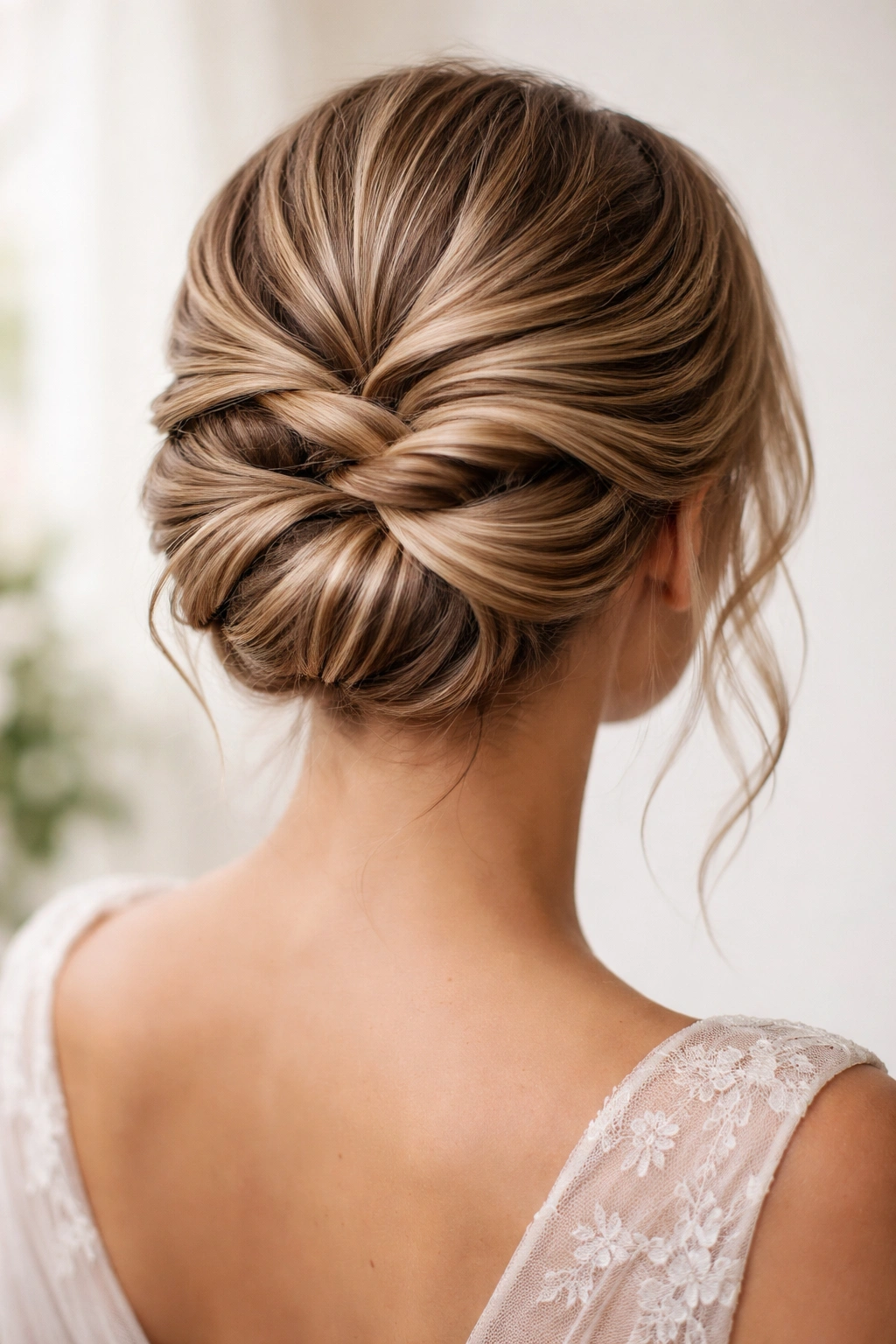 Close-up of two twisted sections forming an infinity knot at the back of the head