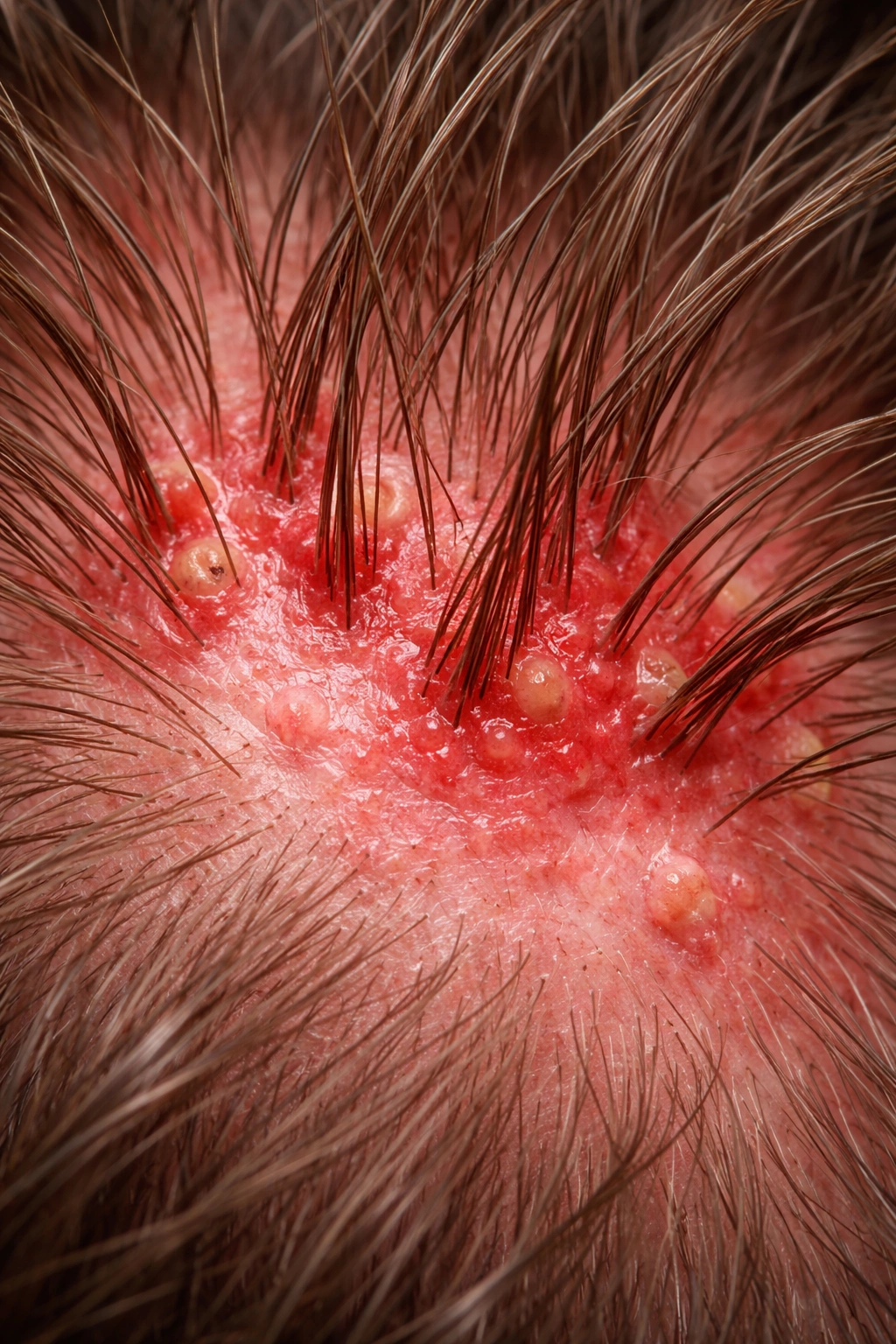 Inflamed red scalp around hair follicles
