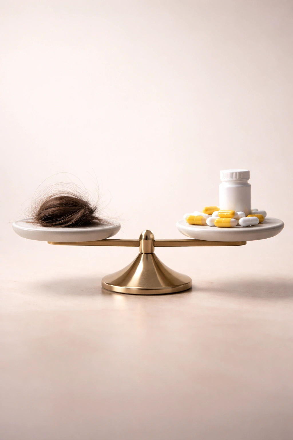 Abstract balance scale with a hair strand symbolizing treatment decision.