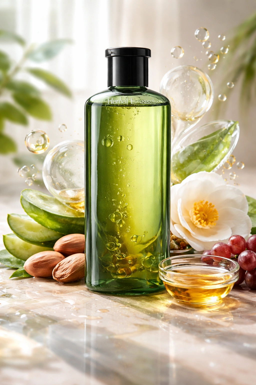 Herbal Essences bottle with abstract ingredient shapes around; label text not visible.