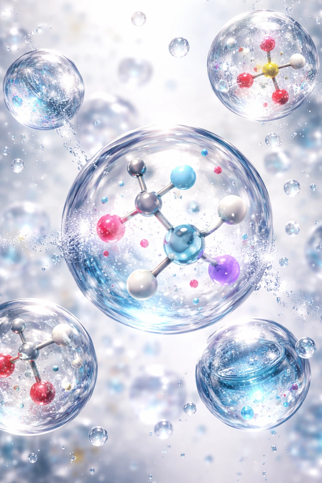 Abstract molecular structures representing ingredients of hairspray on a plain background