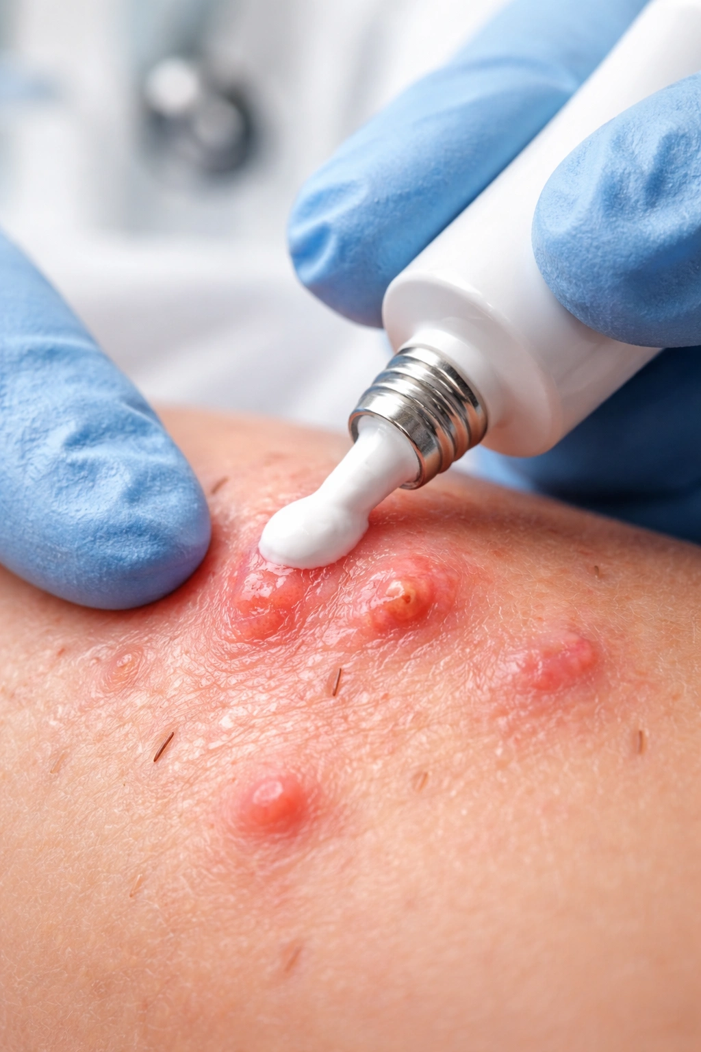 Dermatologist applying treatment to an ingrown bump on skin