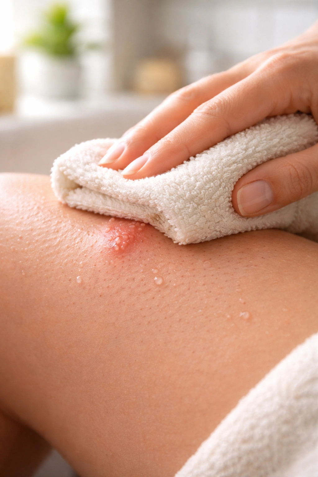 Hand applying warm compress to an ingrown bump on skin