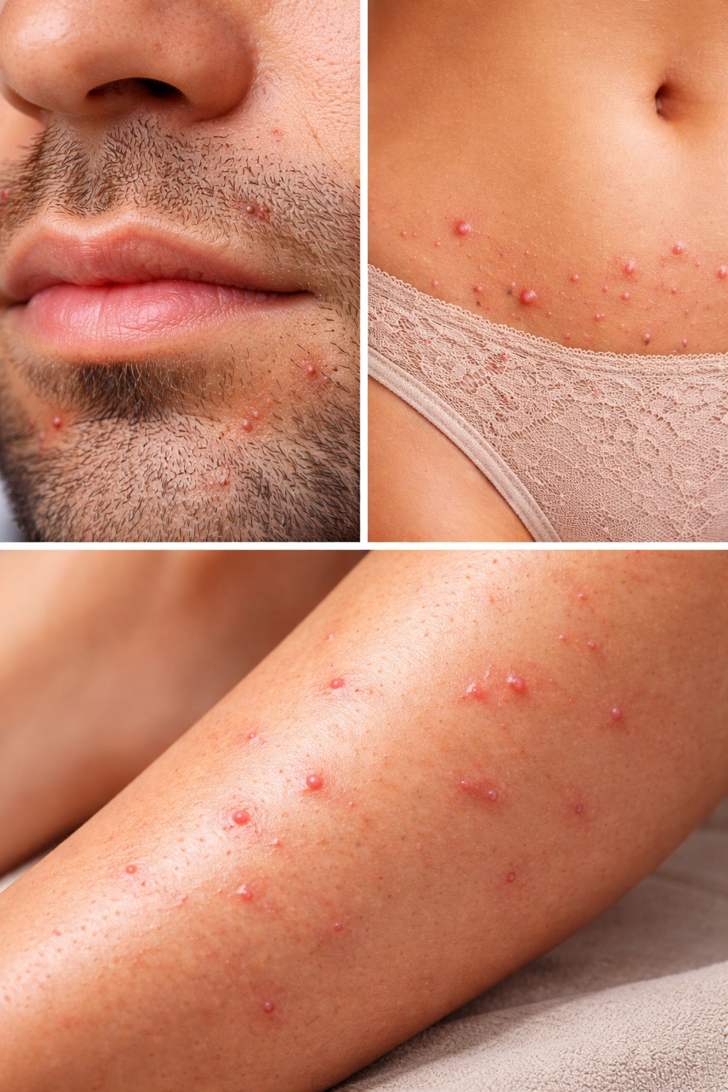Close-ups of bumps on facial skin, bikini line, and leg skin