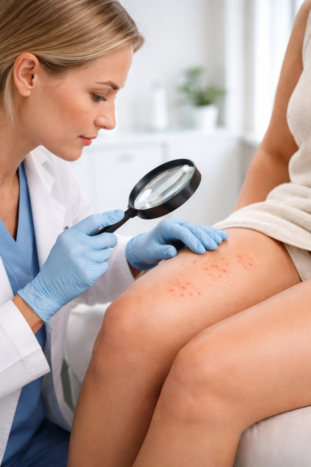 Clinician examines skin with ingrown hair bumps in a medical exam room